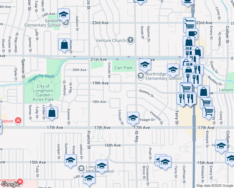 map of restaurants, bars, coffee shops, grocery stores, and more near 1821 Lincoln Drive in Longmont