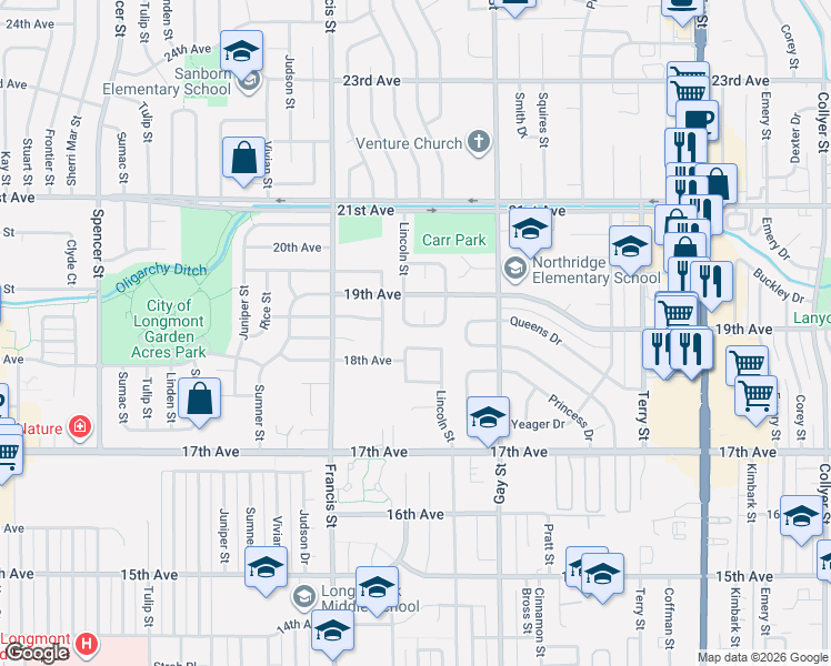 map of restaurants, bars, coffee shops, grocery stores, and more near 1868 Lincoln Drive in Longmont