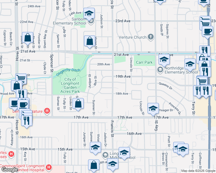 map of restaurants, bars, coffee shops, grocery stores, and more near 1603 Ervine Avenue in Longmont