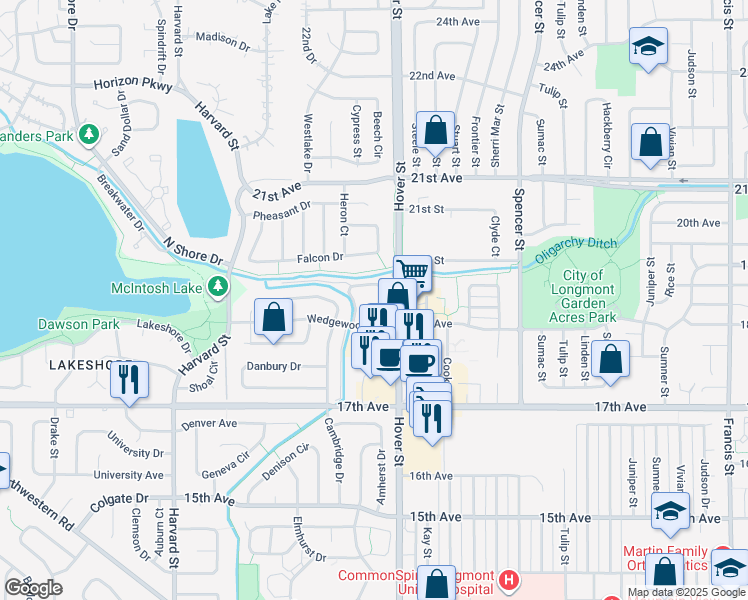 map of restaurants, bars, coffee shops, grocery stores, and more near 2320 Wedgewood Avenue in Longmont