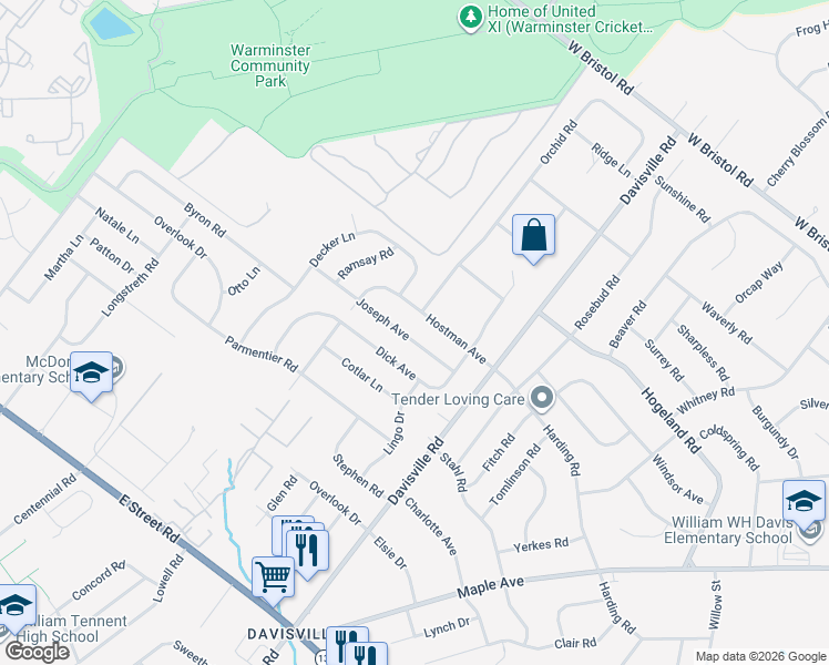 map of restaurants, bars, coffee shops, grocery stores, and more near 724 Hostman Avenue in Warminster