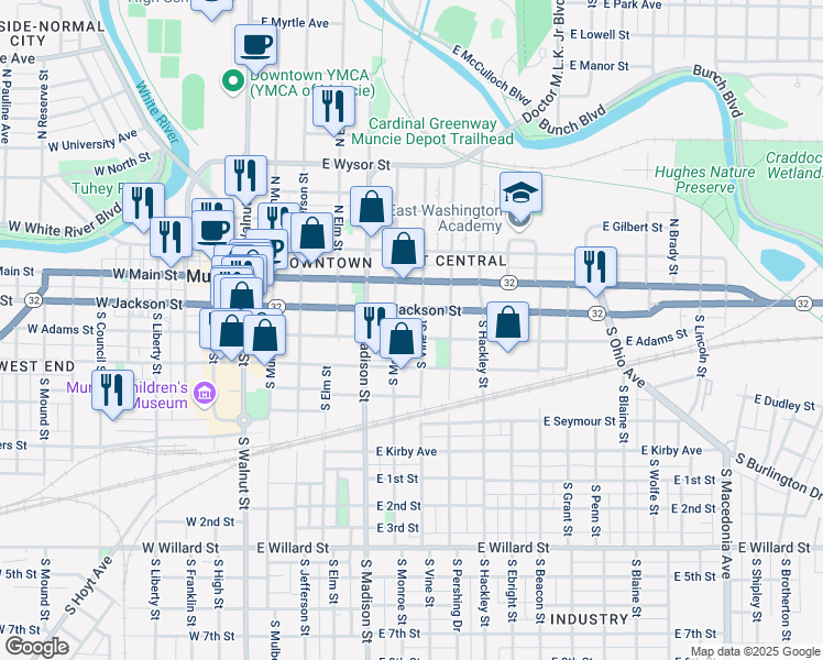 map of restaurants, bars, coffee shops, grocery stores, and more near 619 East Jackson Street in Muncie