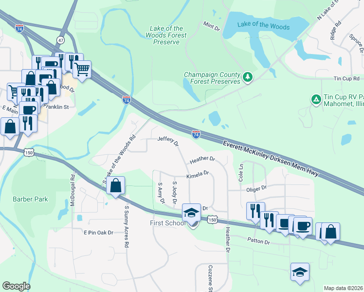 map of restaurants, bars, coffee shops, grocery stores, and more near 1404 Heather Drive in Mahomet