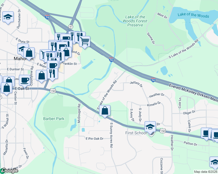 map of restaurants, bars, coffee shops, grocery stores, and more near 405 South Lake of the Woods Road in Mahomet