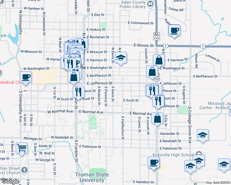 map of restaurants, bars, coffee shops, grocery stores, and more near 623 East Pierce Street in Kirksville