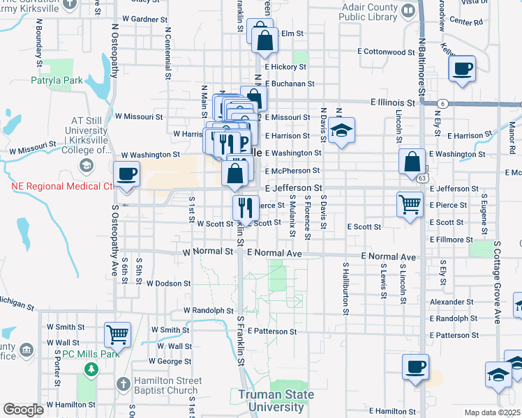 map of restaurants, bars, coffee shops, grocery stores, and more near 207-299 East Pierce Street in Kirksville