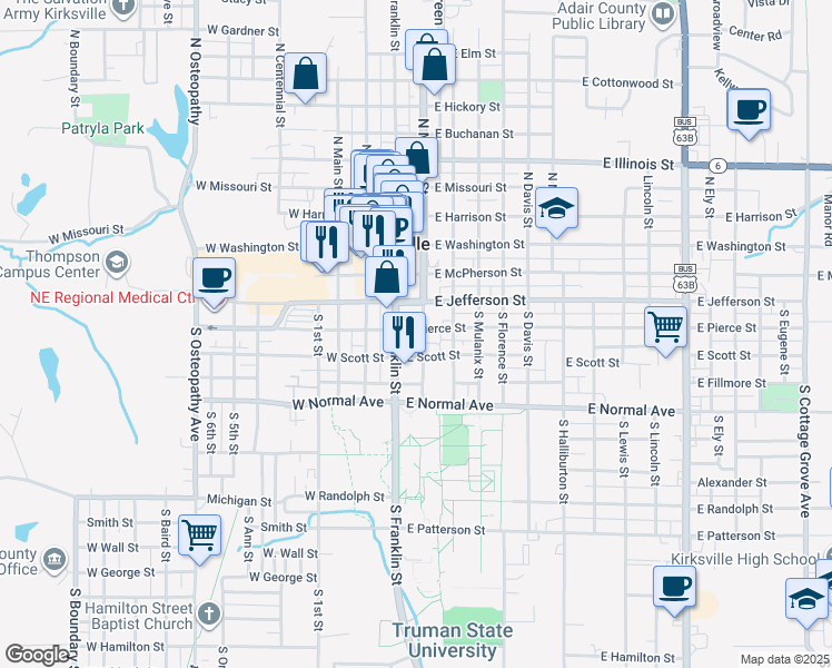 map of restaurants, bars, coffee shops, grocery stores, and more near 309 South Franklin Street in Kirksville