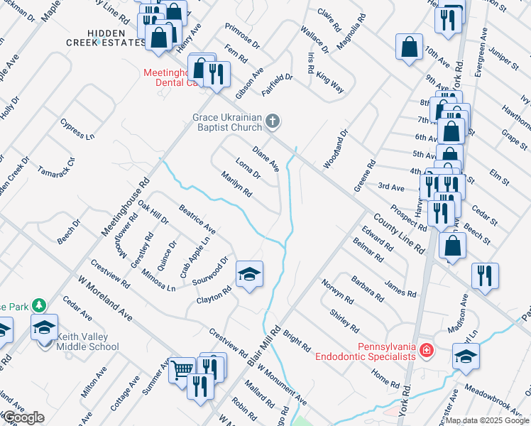 map of restaurants, bars, coffee shops, grocery stores, and more near 195 Marilyn Road in Hatboro