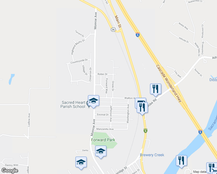 map of restaurants, bars, coffee shops, grocery stores, and more near 2450 Forward Way in Red Bluff