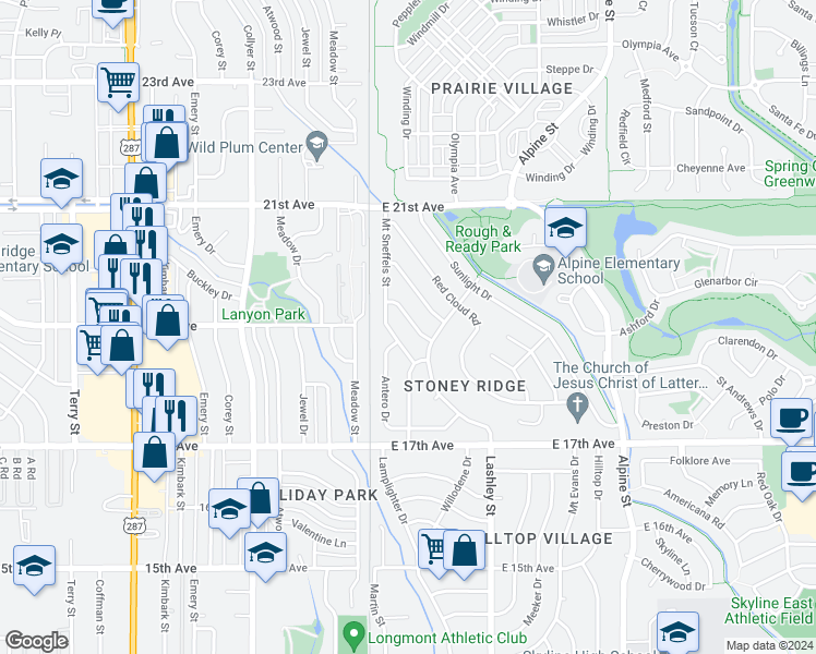 map of restaurants, bars, coffee shops, grocery stores, and more near 175 Wetterhorn Way in Longmont