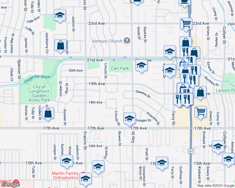 map of restaurants, bars, coffee shops, grocery stores, and more near 1824 Lincoln Drive in Longmont