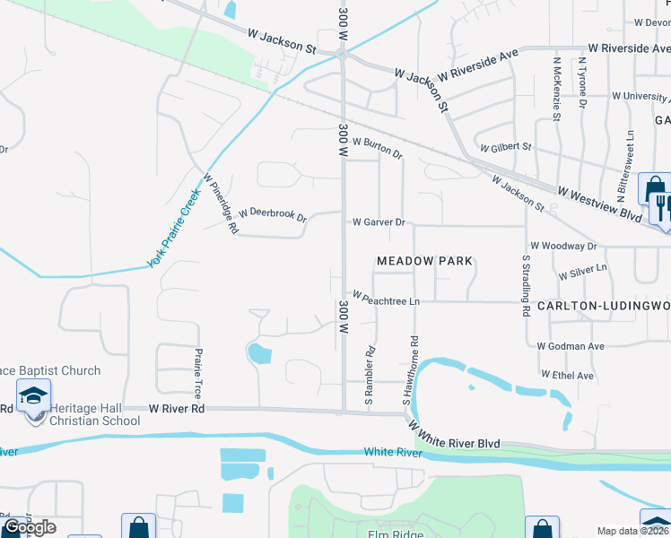 map of restaurants, bars, coffee shops, grocery stores, and more near 300 300 West in Muncie