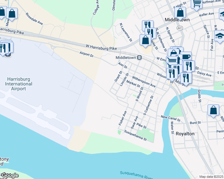 map of restaurants, bars, coffee shops, grocery stores, and more near 500 Grant Street in Middletown