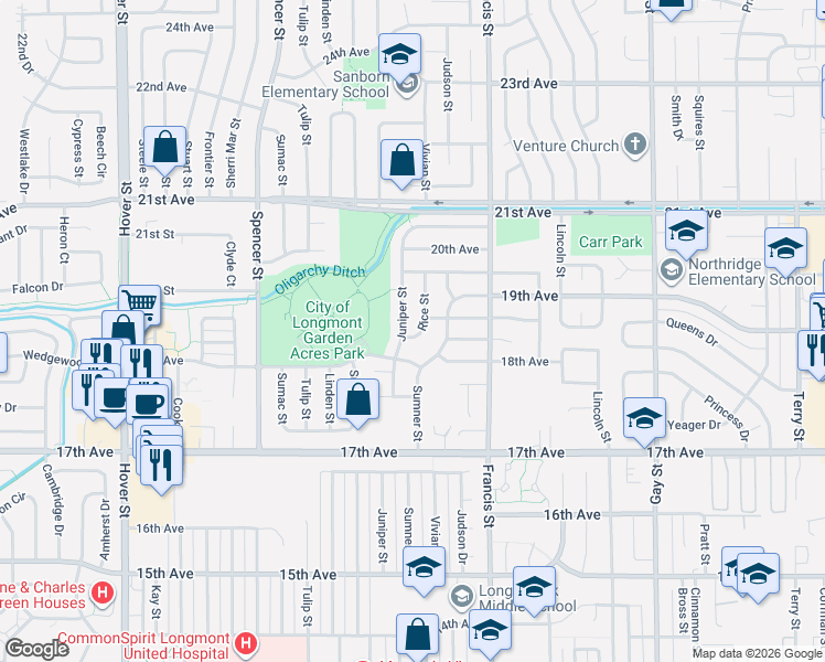map of restaurants, bars, coffee shops, grocery stores, and more near 1820 Juniper Street in Longmont