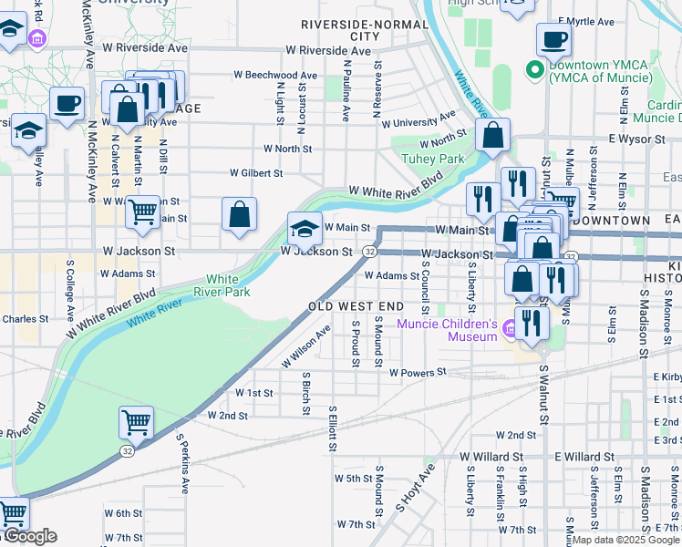map of restaurants, bars, coffee shops, grocery stores, and more near 900 West Kilgore Avenue in Muncie
