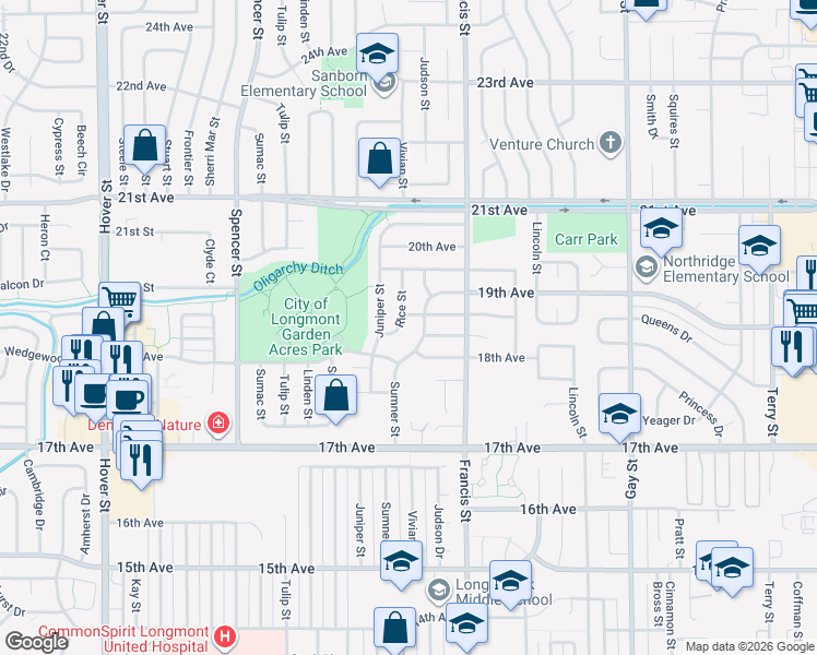 map of restaurants, bars, coffee shops, grocery stores, and more near 1845 Sumner Street in Longmont