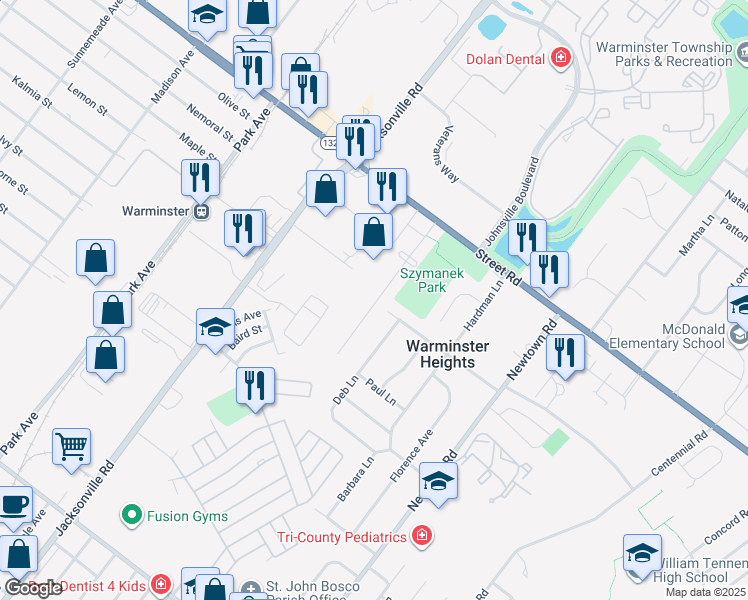 map of restaurants, bars, coffee shops, grocery stores, and more near 139 Luff Lane in Warminster