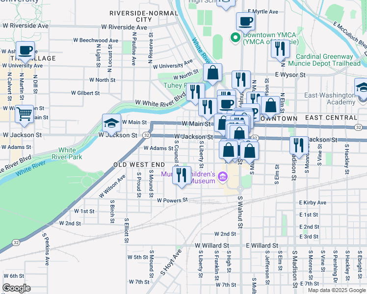 map of restaurants, bars, coffee shops, grocery stores, and more near 522 West Adams Street in Muncie