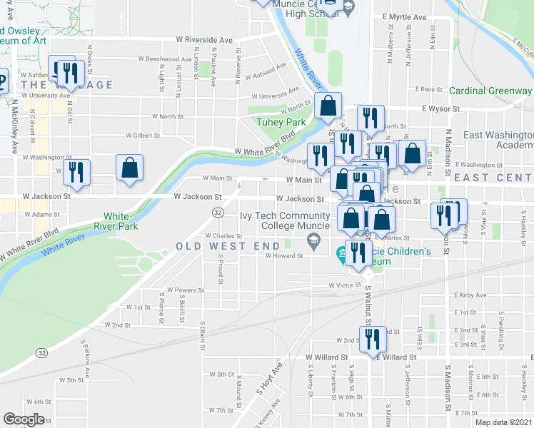 map of restaurants, bars, coffee shops, grocery stores, and more near 522 West Adams Street in Muncie