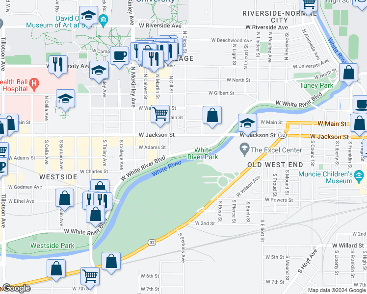 map of restaurants, bars, coffee shops, grocery stores, and more near 1515 West Jackson Street in Muncie