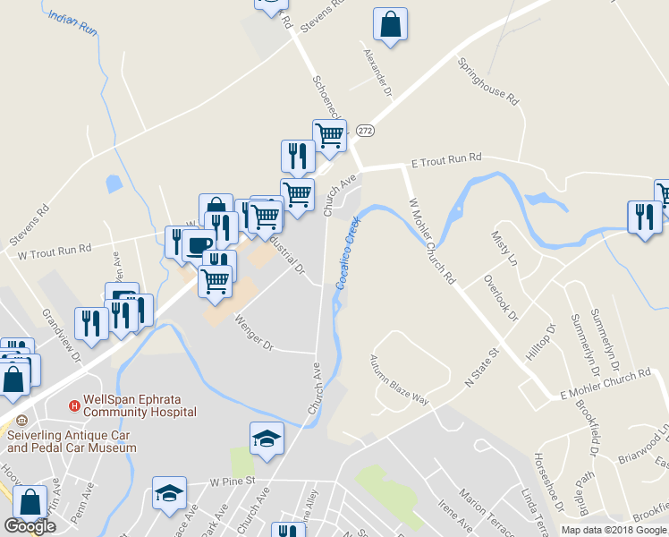 map of restaurants, bars, coffee shops, grocery stores, and more near 477 Church Avenue in Ephrata
