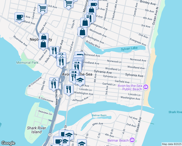 map of restaurants, bars, coffee shops, grocery stores, and more near 415 Sylvania Avenue in Avon-by-the-Sea