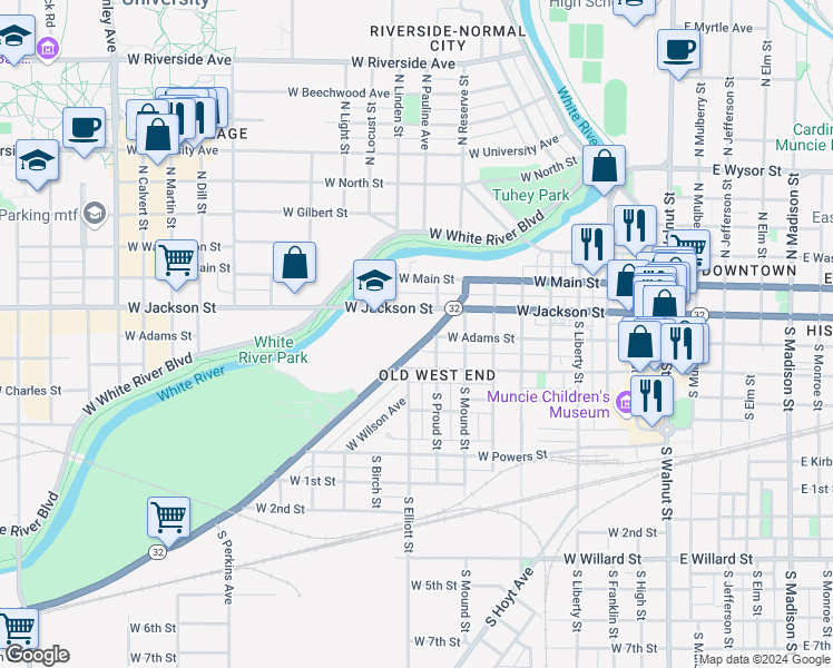 map of restaurants, bars, coffee shops, grocery stores, and more near 900 West Kilgore Avenue in Muncie