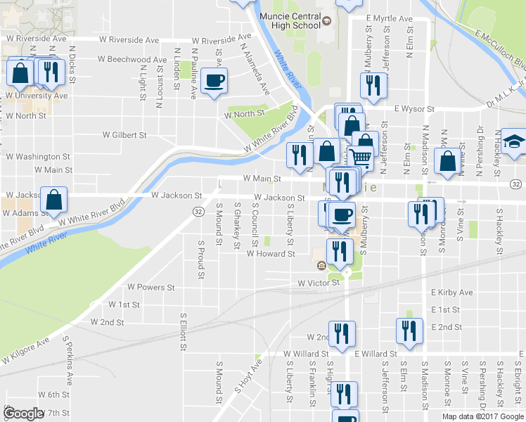 map of restaurants, bars, coffee shops, grocery stores, and more near 522 West Adams Street in Muncie