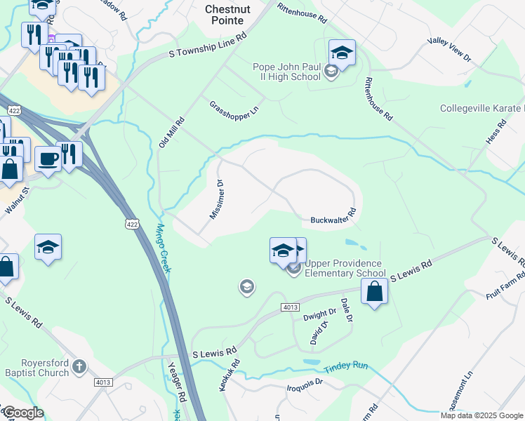 map of restaurants, bars, coffee shops, grocery stores, and more near 13 Buckwalter Circle in Royersford