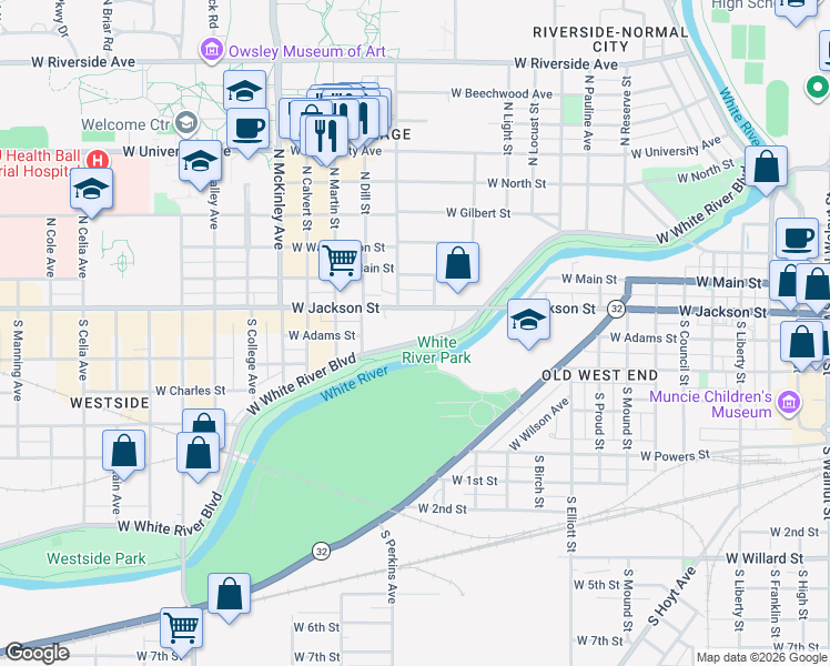 map of restaurants, bars, coffee shops, grocery stores, and more near 1405 1/2 West Jackson Street in Muncie