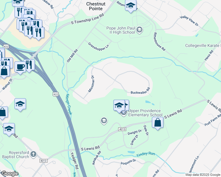 map of restaurants, bars, coffee shops, grocery stores, and more near 13 Buckwalter Circle in Royersford