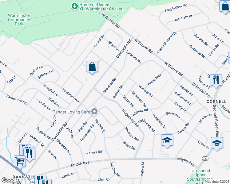 map of restaurants, bars, coffee shops, grocery stores, and more near 1320 Beaver Road in Bucks County