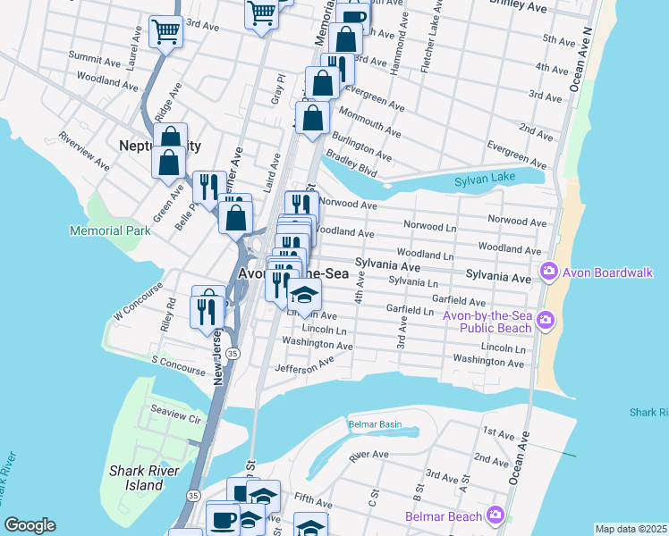 map of restaurants, bars, coffee shops, grocery stores, and more near 411 Sylvania Avenue in Avon-by-the-Sea