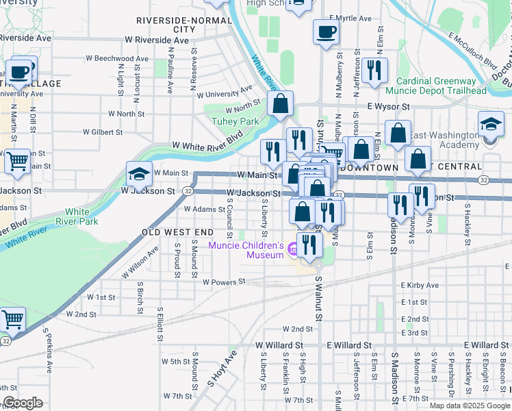 map of restaurants, bars, coffee shops, grocery stores, and more near 415 West Jackson Street in Muncie