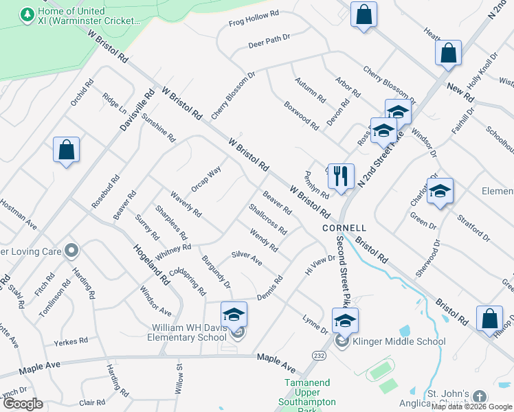 map of restaurants, bars, coffee shops, grocery stores, and more near 411 Shallcross Road in Southampton