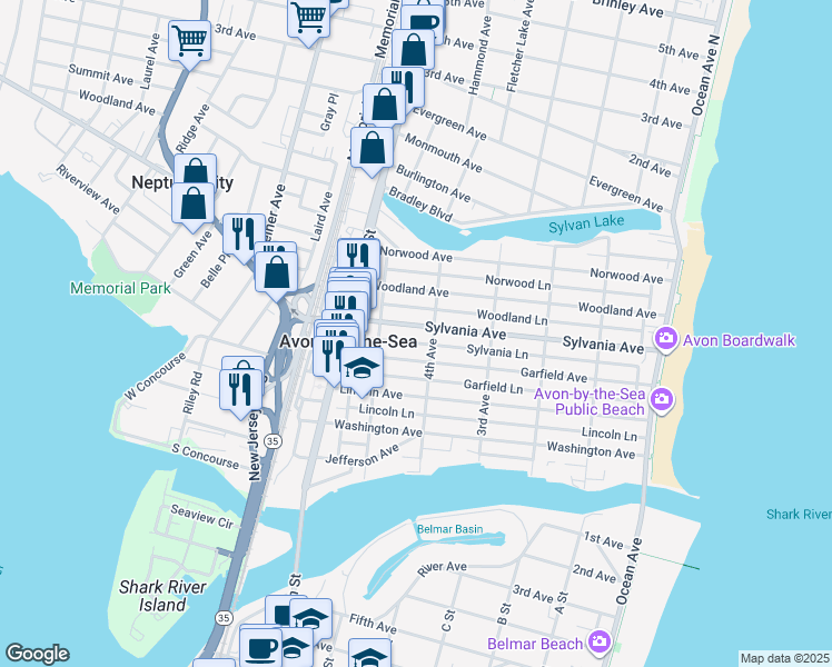 map of restaurants, bars, coffee shops, grocery stores, and more near 411 Sylvania Avenue in Avon-by-the-Sea
