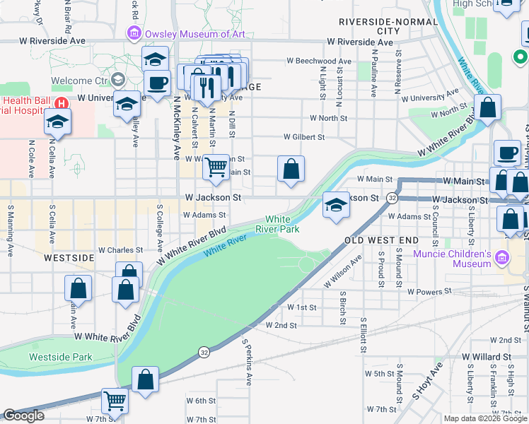 map of restaurants, bars, coffee shops, grocery stores, and more near 1408 West White River Boulevard in Muncie