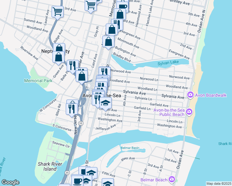 map of restaurants, bars, coffee shops, grocery stores, and more near 415 Sylvania Avenue in Avon-by-the-Sea