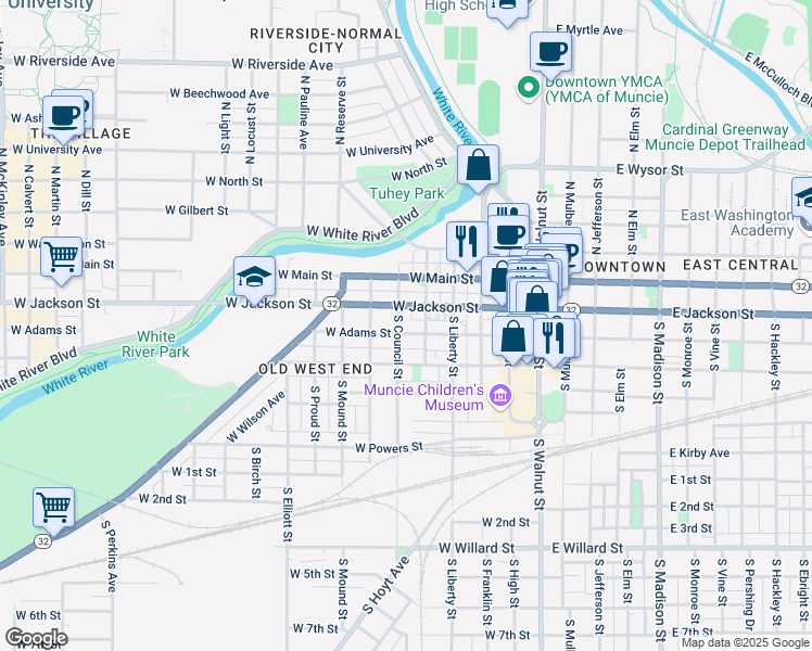 map of restaurants, bars, coffee shops, grocery stores, and more near 522 West Adams Street in Muncie
