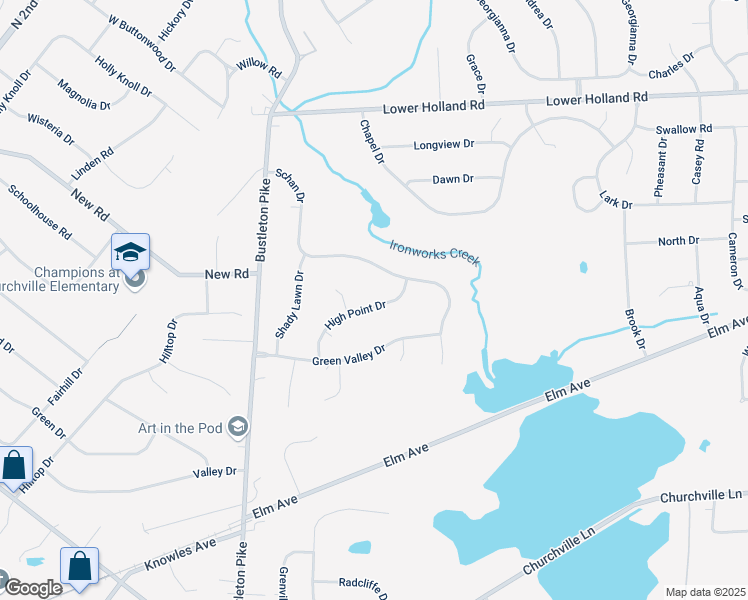 map of restaurants, bars, coffee shops, grocery stores, and more near 68 High Point Drive in Churchville