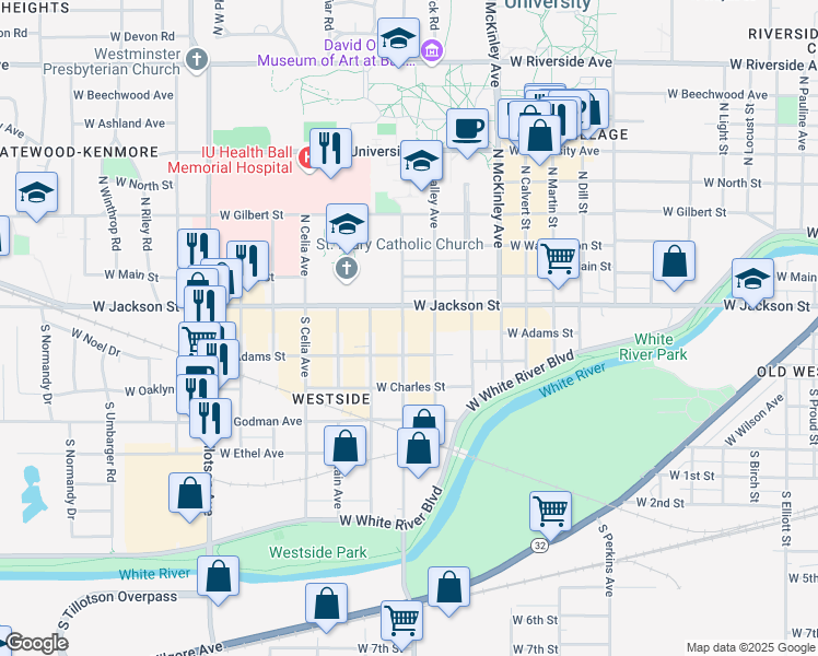 map of restaurants, bars, coffee shops, grocery stores, and more near 210 South Nichols Avenue in Muncie