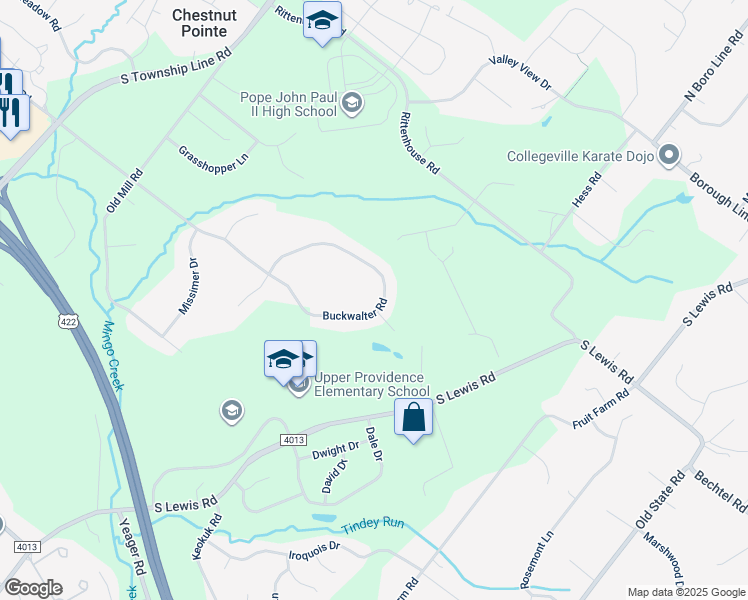 map of restaurants, bars, coffee shops, grocery stores, and more near 150 Buckwalter Road in Royersford