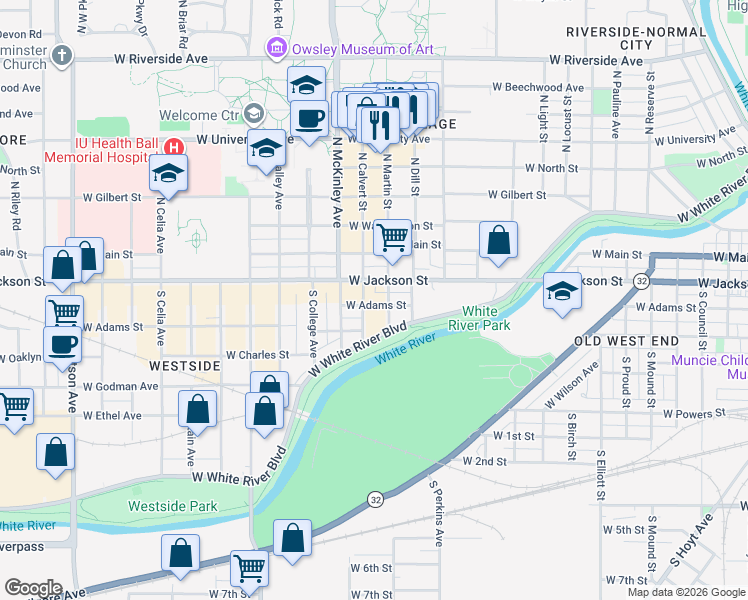 map of restaurants, bars, coffee shops, grocery stores, and more near 1714 West Adams Street in Muncie
