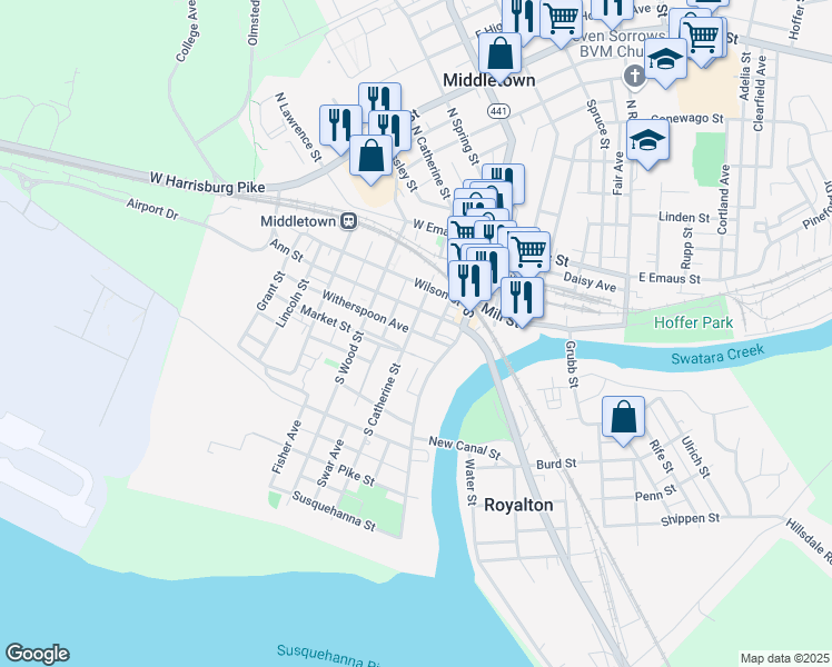 map of restaurants, bars, coffee shops, grocery stores, and more near 332 South Catherine Street in Middletown