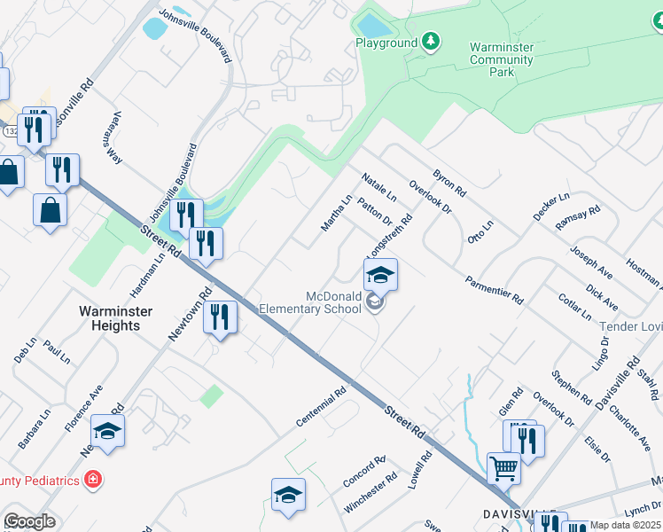 map of restaurants, bars, coffee shops, grocery stores, and more near 700 Schoolhouse Lane in Warminster