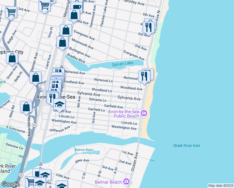 map of restaurants, bars, coffee shops, grocery stores, and more near 122 Sylvania Avenue in Avon-by-the-Sea