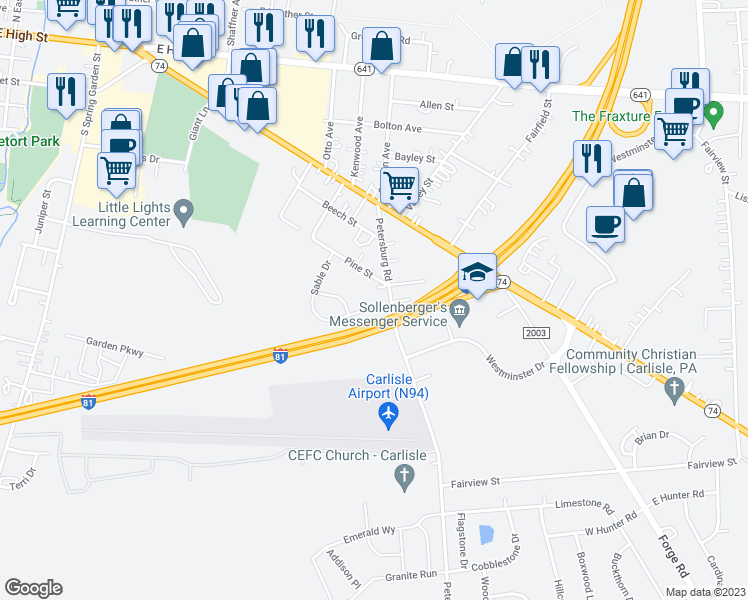 map of restaurants, bars, coffee shops, grocery stores, and more near 130 Petersburg Road in Carlisle