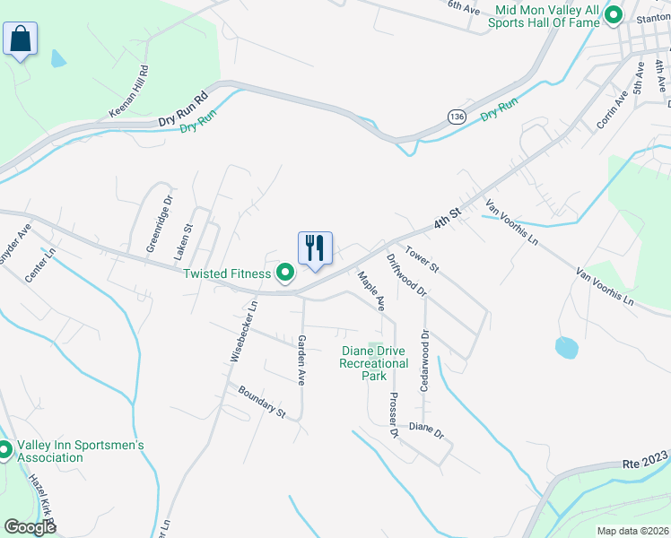 map of restaurants, bars, coffee shops, grocery stores, and more near 1558 4th Street in Monongahela