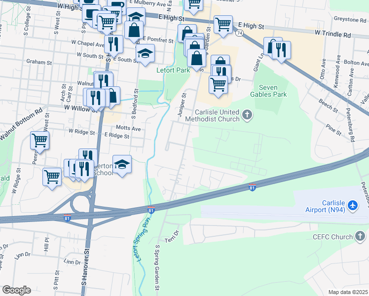 map of restaurants, bars, coffee shops, grocery stores, and more near 485 South Spring Garden Street in Carlisle