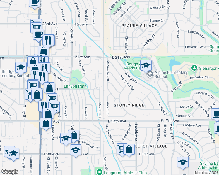 map of restaurants, bars, coffee shops, grocery stores, and more near 166 Wetterhorn Way in Longmont